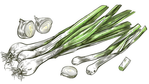Zdjęcie rysunek zielonych cebuli z odciętymi częściami rysunek ma prosty i prosty styl, skupiając się na cebuli i jej układzie