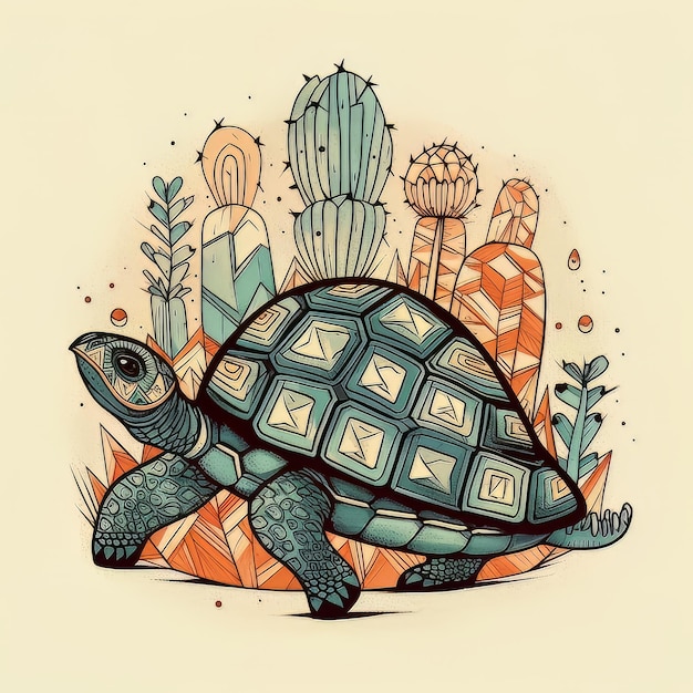 Rysunek żółwia na tle kaktusa.