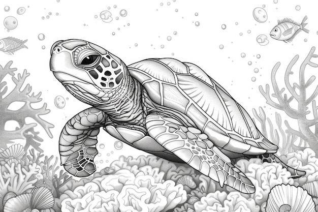 Rysunek żółwia pływającego w oceanie książka do malowania dla dzieci