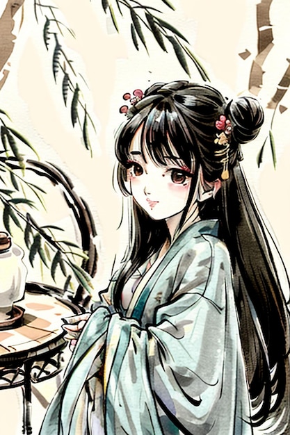 Rysunkowa dziewczyna z długimi czarnymi włosami i długimi czarnymi włosami stoi przed bambusową rośliną.