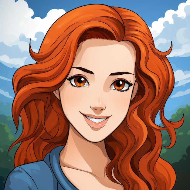 rysunkowa dziewczyna z długimi rudymi włosami i niebieską koszulą