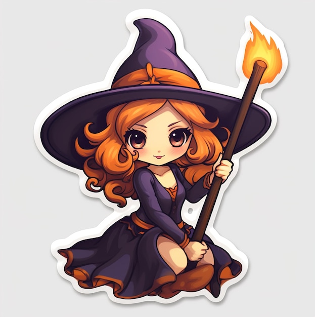 rysunkowa dziewczyna z kapeluszem czarownicy i miotłą.
