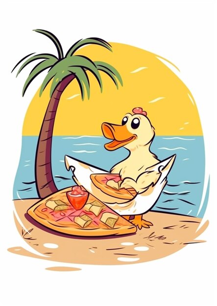 rysunkowa kaczka na plaży z pizzą i palmą generatywną ai