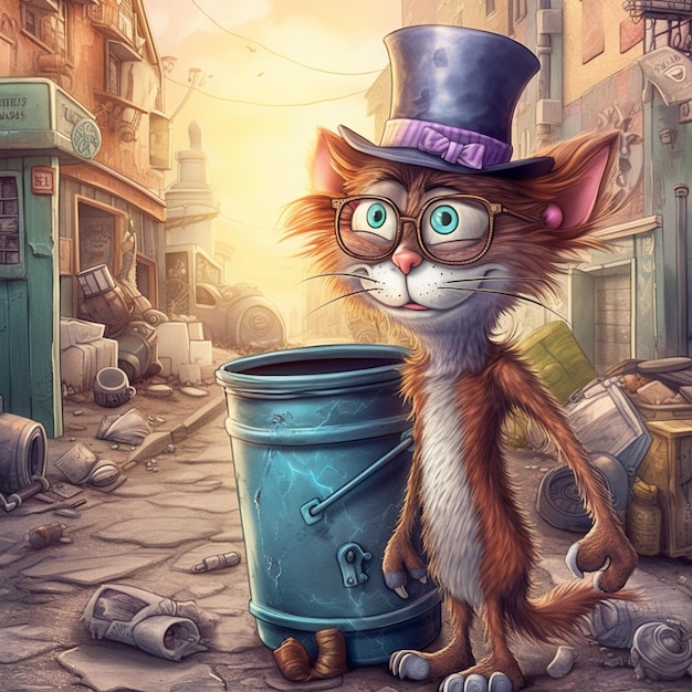 rysunkowy kot w cylindrze i okularach stojący obok kosza na śmieci generatywnej AI