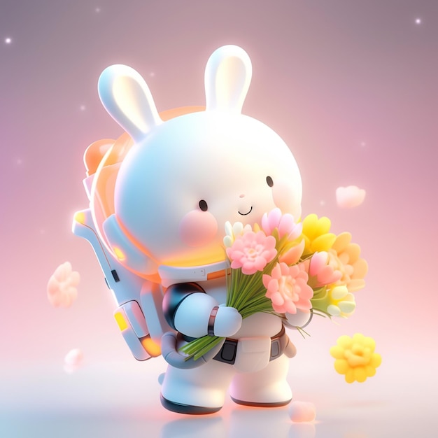 rysunkowy królik z kwiatami w rękach i bronią w dłoni generatywną sztuczną inteligencję