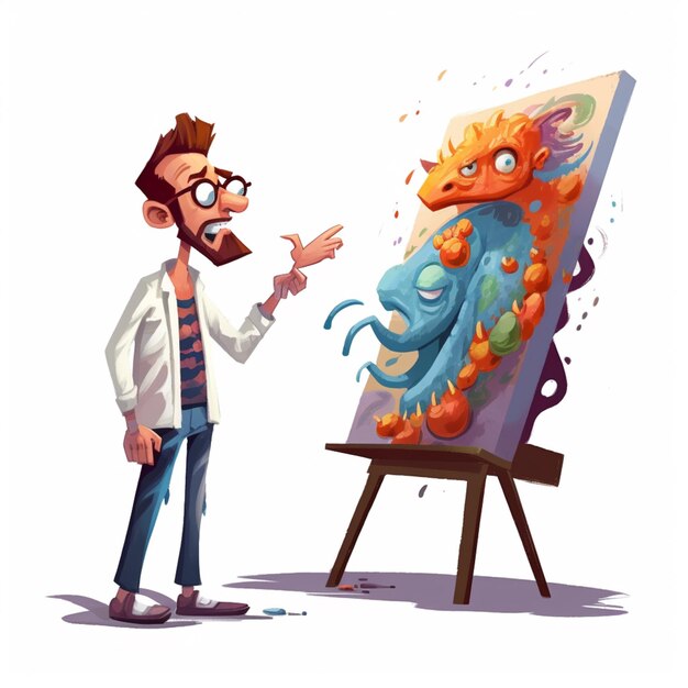 rysunkowy mężczyzna malujący obraz smoka na płótnie generatywną sztuczną inteligencję