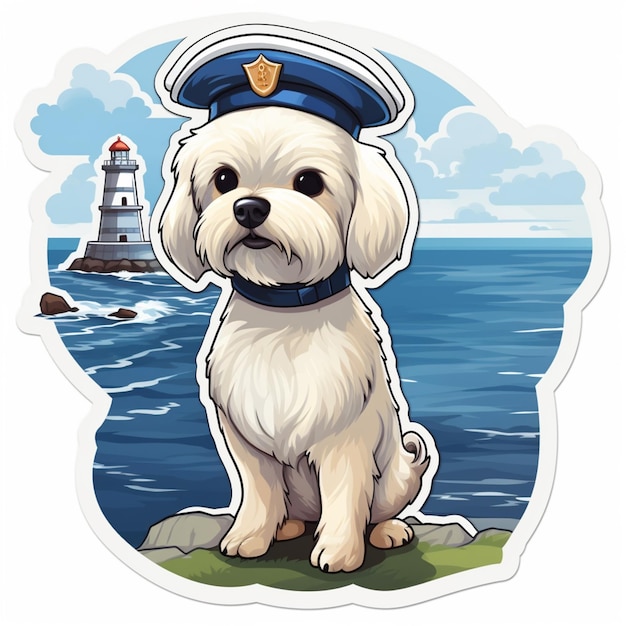 Zdjęcie rysunkowy pies w kapeluszu siedzący na skale w pobliżu oceanu generatywnego ai