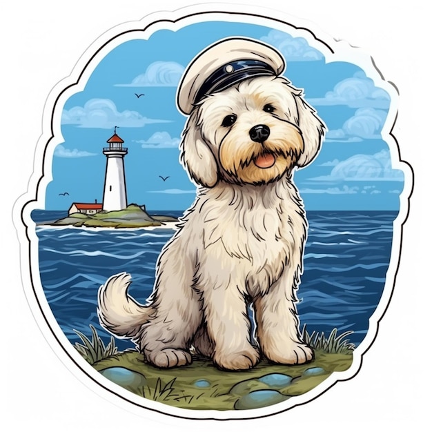 Zdjęcie rysunkowy pies w marynarskim kapeluszu siedzi na plaży generatywnej ai