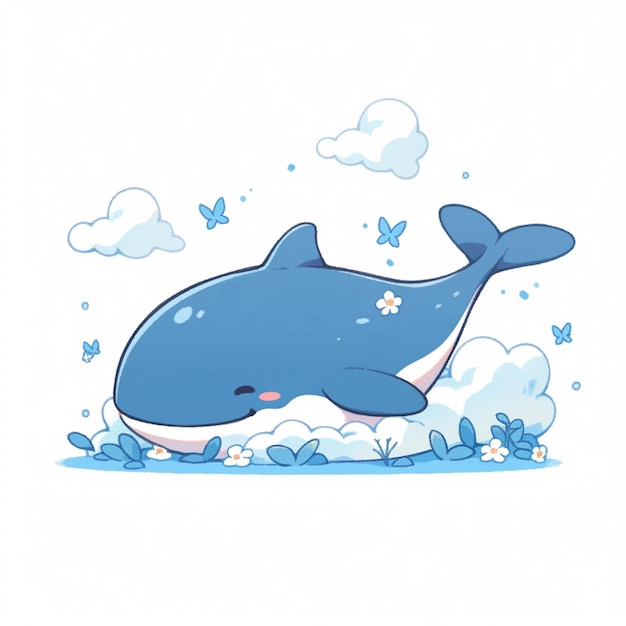 rysunkowy wieloryb z błękitną wodą i motylami w tle generatywną ai