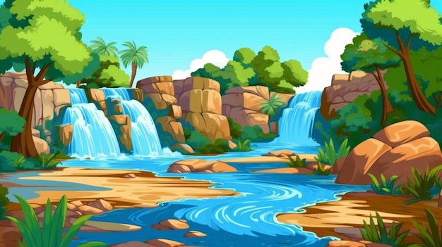 Rysunkowy wodospad w dżungli ze skałami i drzewami generującymi ai