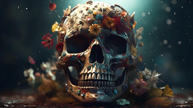 Rytualna meksykańska czaszka ozdobiona kolorowymi kwiatami prosty widok