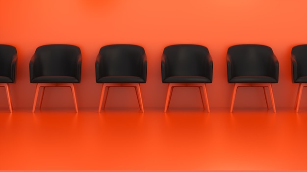 Ryw czarnych krzeseł wzdłuż ściany na czerwonym tle studia Koncepcja biznesowa renderowanie 3D