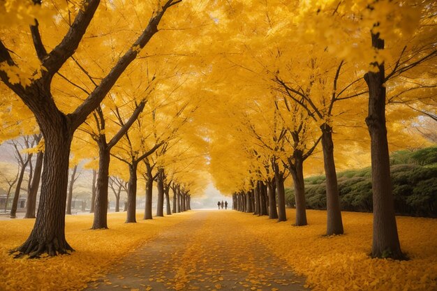 Ryw żółtego drzewa ginkgo na wyspie Nami w Korei