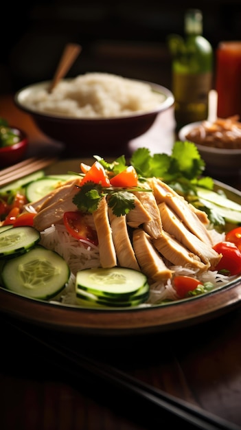 Ryż z kurczaka Hainanese to danie z pieczonego kurczaka i przyprawionego ryżu