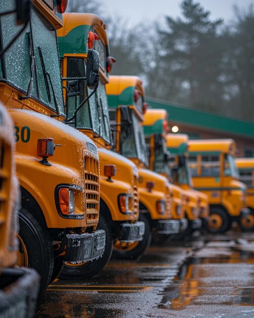 Rząd autobusów szkolnych zaparkowanych na zewnątrz