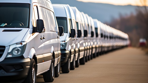 Zdjęcie rząd białych furgonetek do dostaw zaparkowanych kopii przestrzeni do transportu reklamy firmy usługowej