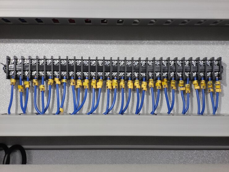 Zdjęcie rząd bloków zacisków w szafce elektrycznej