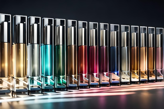 Rząd butelek perfum z różnymi kolorami.