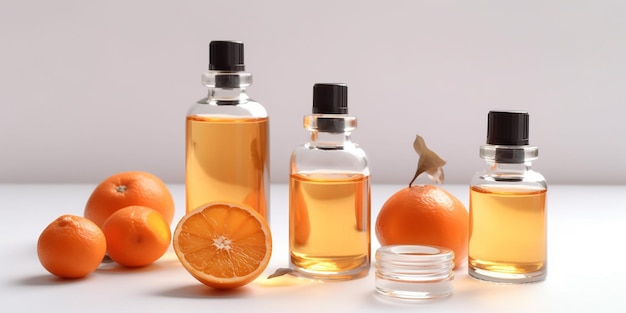 Rząd butelek pomarańczowego olejku eterycznego z napisem „pomarańcza”.