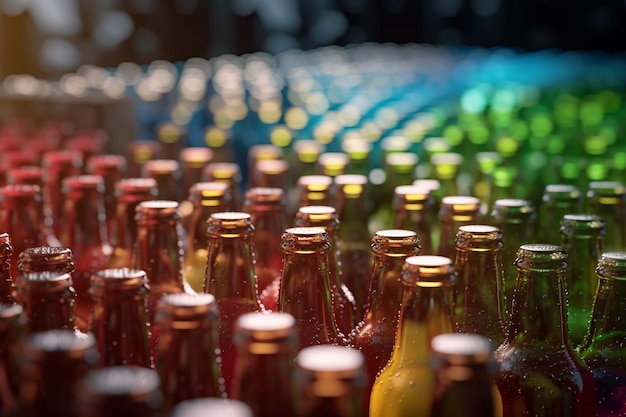 Rząd butelek tęczowego piwa jest ustawiony w rzędzie.