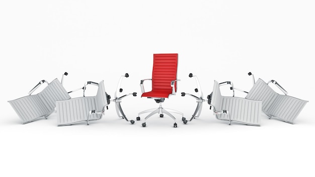 Rząd czerwonych krzeseł biurowych z napisem „jestem szefem” na jednym z nich