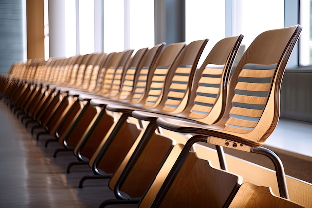 Rząd drewnianych krzeseł w sali wykładowej o nowoczesnym wystroju i naturalnym oświetleniu