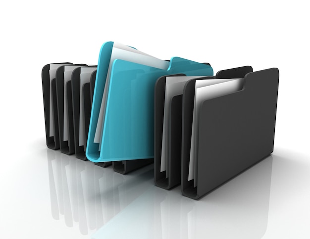 Rząd folderów i plików. Ilustracja 3D na białym tle