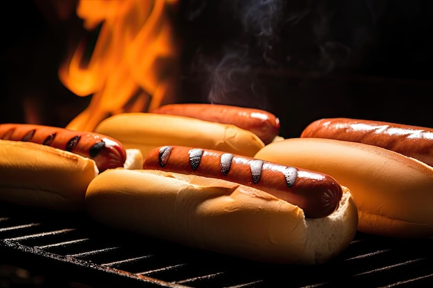 Rząd hot dogów na grillu z widocznym dymem i płomieniami stworzony za pomocą generatywnej ai