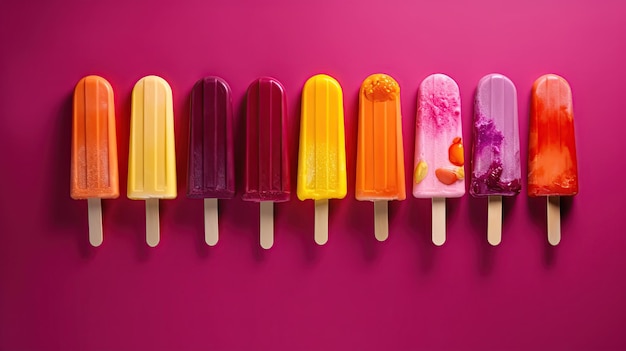 Rząd kolorowych lodów popsicle na różowym tle