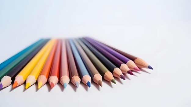 Rząd kolorowych ołówków jest ustawiony na białej powierzchni.