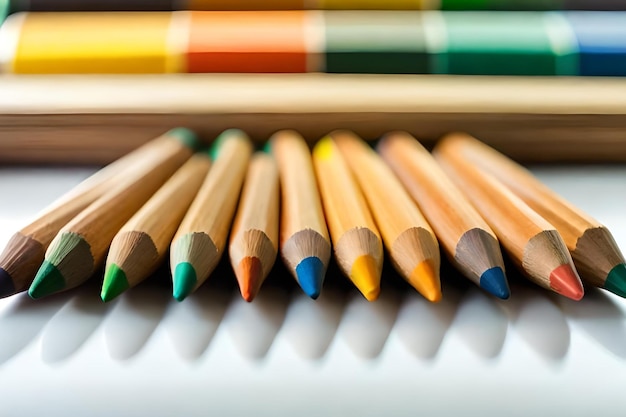 Rząd kolorowych ołówków z rzędem kredek z boku.