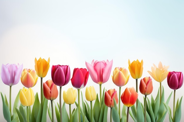 Rząd kolorowych tulipanów na białym tle
