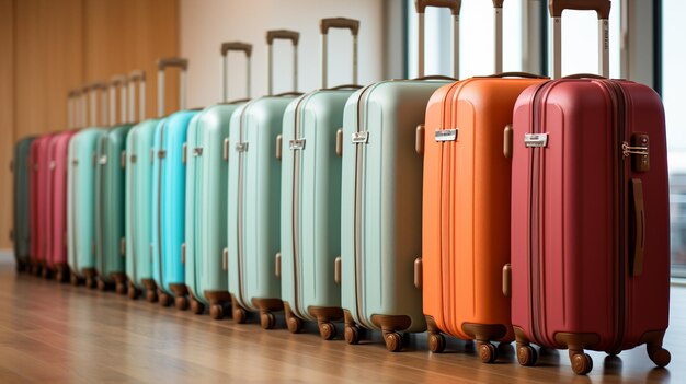 Rząd kolorowych walizek na drewnianej podłodze w Airportgenerative ai