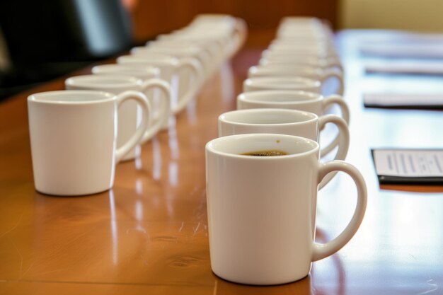Rząd kubków kawy z programem posiedzenia na stole konferencyjnym