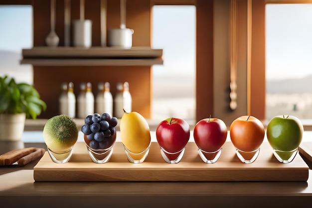 Zdjęcie rząd misek z owocami z różnymi owocami.