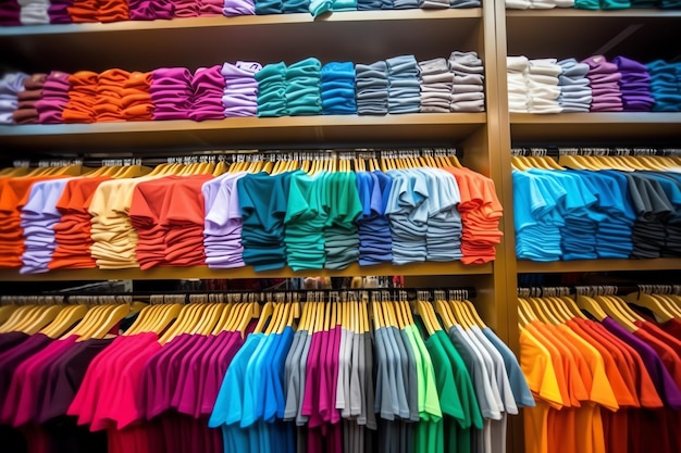 Rząd modnych męskich koszulek polo na drewnianym wieszaku lub stojaku w butikowym sklepie odzieżowym