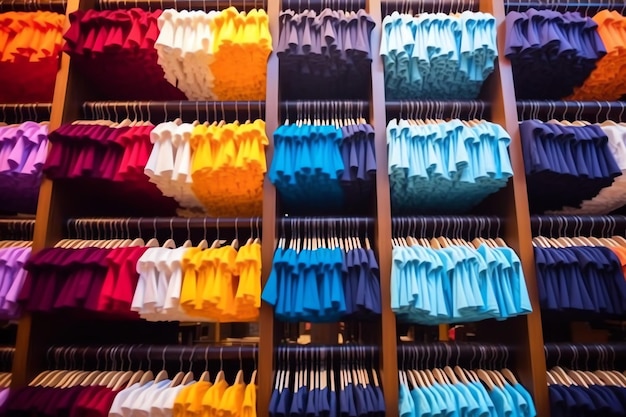 Rząd modnych męskich koszulek polo na drewnianym wieszaku lub stojaku w butikowym sklepie odzieżowym