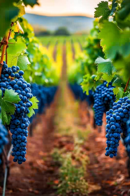 Rząd niebieskich winogron rosnących na winorośli w sadze