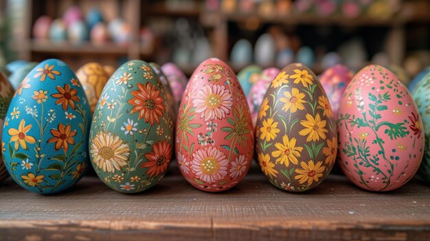 Zdjęcie rząd pomalowanych jaj na drewnianym stole