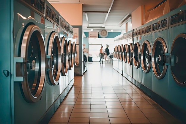Rząd pralek w pralni Obraz generowany przez technologię AI
