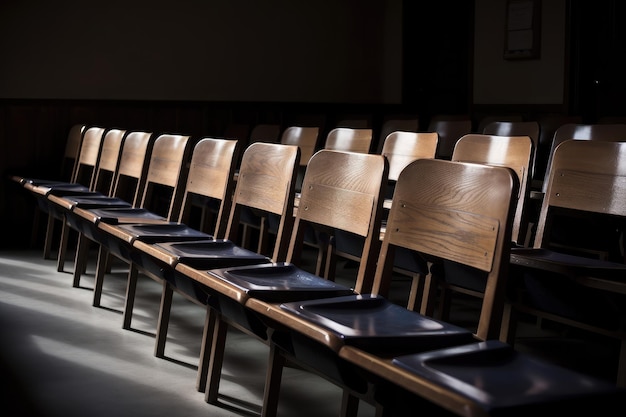 Rząd pustych drewnianych krzeseł naprzeciw tablicy w sali wykładowej utworzonej za pomocą generatywnej sztucznej inteligencji