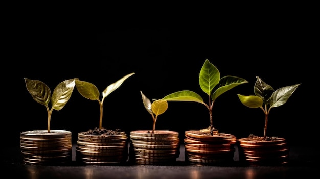 Rząd stosów monet z wyrastającą z nich rośliną Liść drzewa na monetach oszczędnościowych Finanse biznesowe oszczędzająca koncepcja inwestycji bankowych Generacyjna sztuczna inteligencja