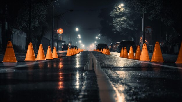Zdjęcie rząd stożków drogowych w środku ciemności