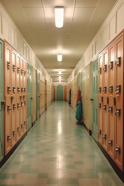 Rząd szafek w jasno oświetlonym korytarzu stworzonym za pomocą generatywnego ai