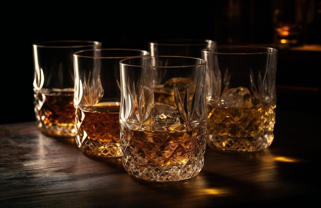 Rząd szklanek whisky siedzi na drewnianym stole z kostkami lodu.
