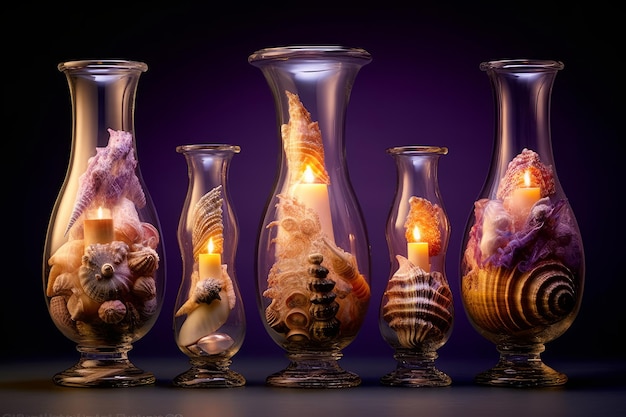 Rząd szklanych wazonów z muszlami i świecą w środku.