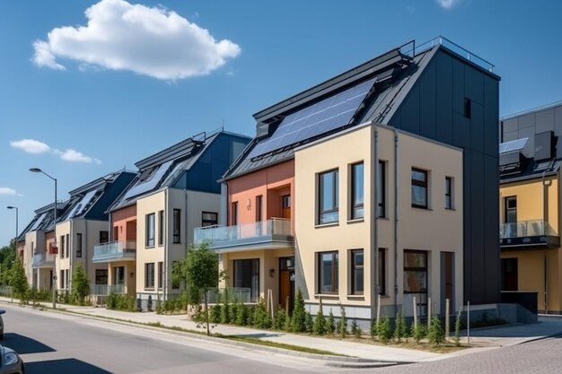 Rząd wielobarwnych domów z panelami słonecznymi na dachu generatywnym ai