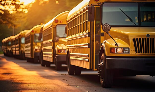 Rząd żółtych autobusów szkolnych zaparkowanych przy drodze