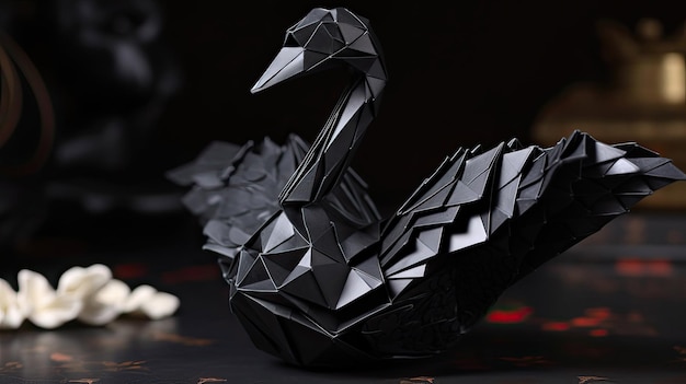Rzadki czarny łabędź z papieru origami na ciemnym tle z technologią Generative AI