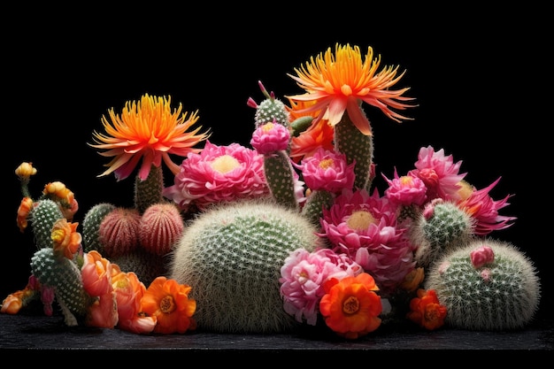 Rzadkie gatunki kaktusów o żywych kwitnących kwiatach stworzone za pomocą generatywnej sztucznej inteligencji